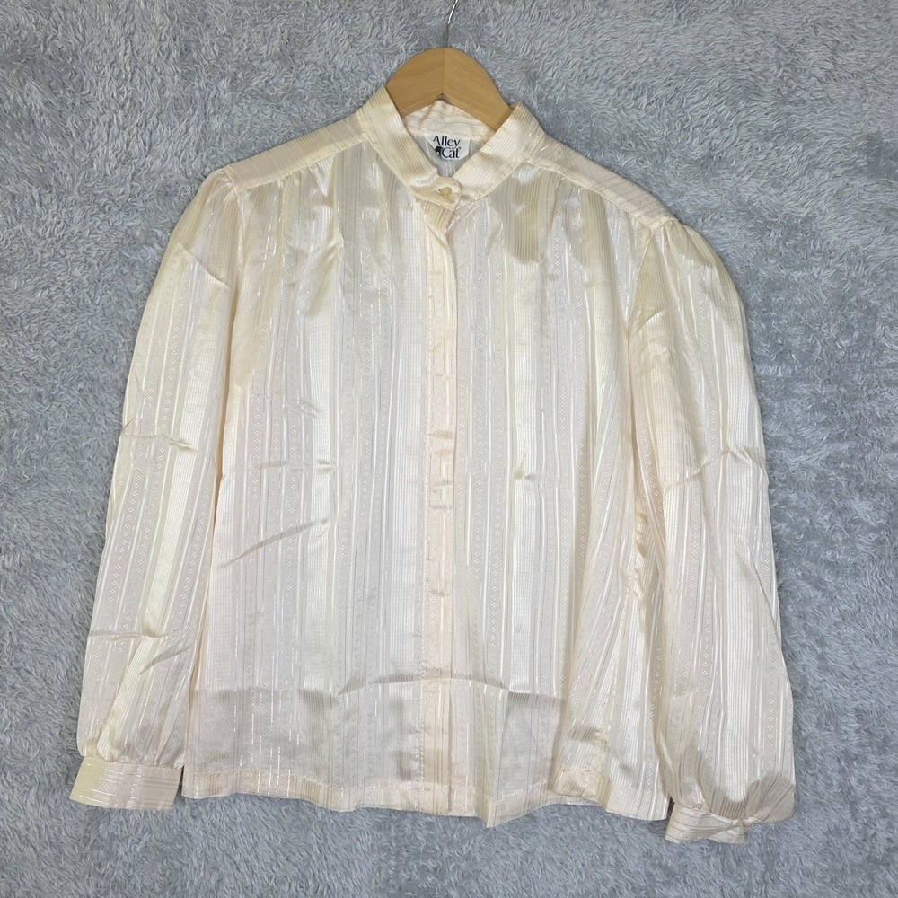 VTG 80s Alley Cat Metallic‎ Stripe Blouse Poet Balloon Sleeve Shimmer Cream M L